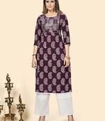 Vbuyz Women'S Print & Sequience Straight Cotton Purple Stitched Kurta