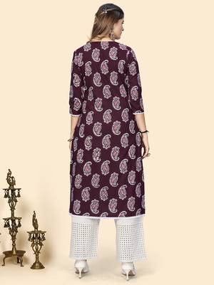 Vbuyz Women'S Print & Sequience Straight Cotton Purple Stitched Kurta 3