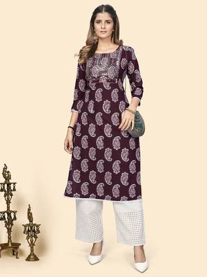 Vbuyz Women'S Print & Sequience Straight Cotton Purple Stitched Kurta 8