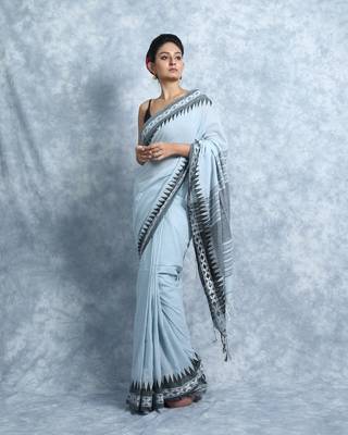 Light Grey Cotton Saree With Woven Border And Blouse 1