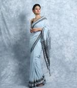 Light Grey Cotton Saree With Woven Border And Blouse