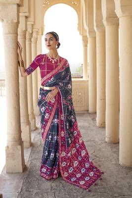 Navy blue woven silk saree with blouse 1