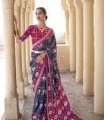 Navy blue woven silk saree with blouse