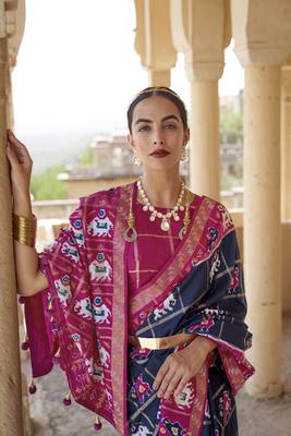 Navy blue woven silk saree with blouse 2