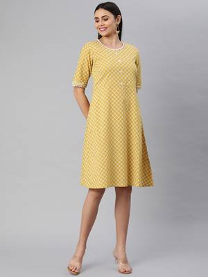 Yellow printed cotton long-dresses 1