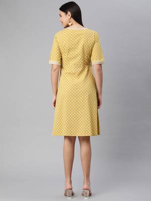 Yellow printed cotton long-dresses 2