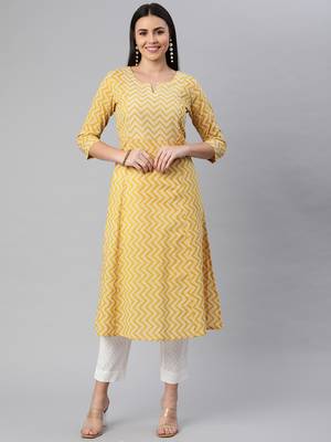 Yellow printed cotton ethnic-kurtis 1