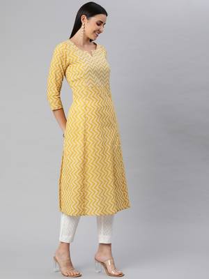 Yellow printed cotton ethnic-kurtis 3