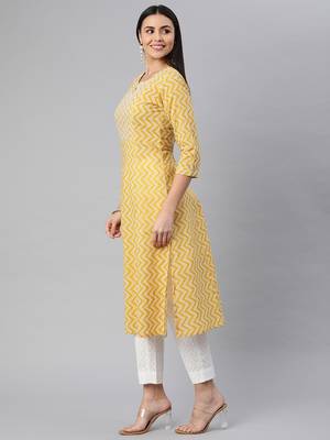 Yellow printed cotton ethnic-kurtis 4