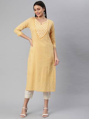 Yellow printed cotton ethnic-kurtis 1