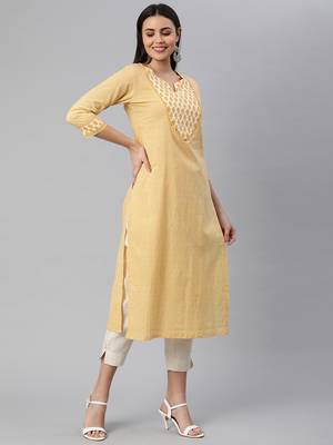 Yellow printed cotton ethnic-kurtis 3