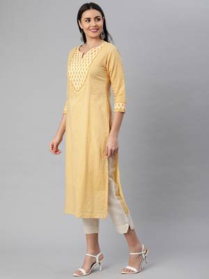 Yellow printed cotton ethnic-kurtis 4