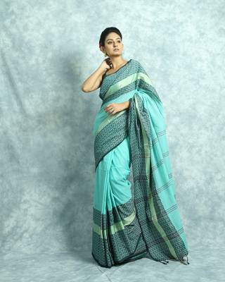Teal Blue Woven Blended Otton Saree With Blouse 1
