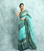 Teal Blue Woven Blended Otton Saree With Blouse