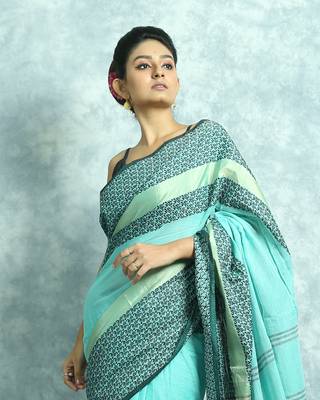 Teal Blue Woven Blended Otton Saree With Blouse 2