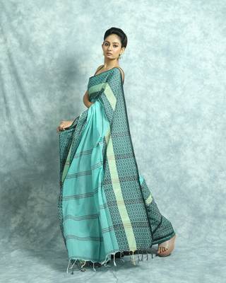 Teal Blue Woven Blended Otton Saree With Blouse 3