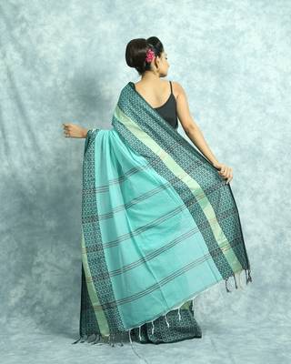 Teal Blue Woven Blended Otton Saree With Blouse 4