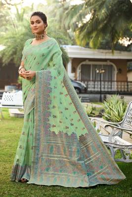 Light green woven silk saree with blouse 1