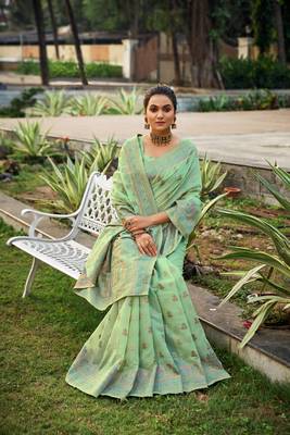 Light green woven silk saree with blouse 3