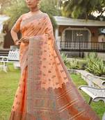Peach woven silk saree with blouse