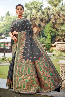 Dark grey woven silk saree with blouse 1