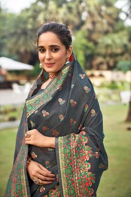 Dark grey woven silk saree with blouse 2