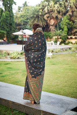 Dark grey woven silk saree with blouse 3