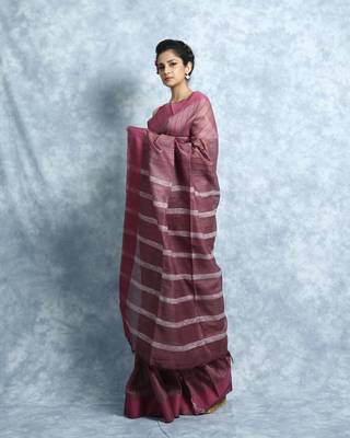 Mauve Striped Baswada Saree With Blouse 2