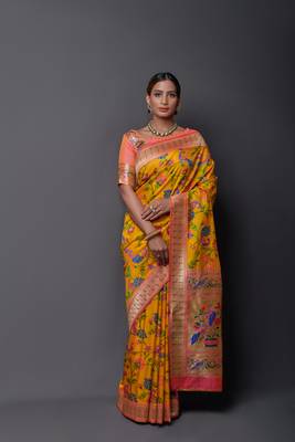 Yellow woven silk saree with blouse 3