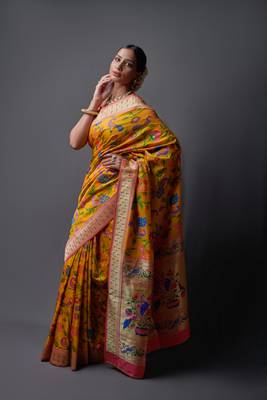 Yellow woven silk saree with blouse 4