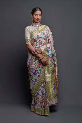 Off white woven silk saree with blouse 1