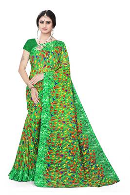 Jheenu Women's Weightless Dark Green Printed Saree with Blouse  1