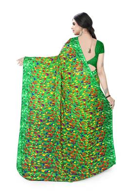 Jheenu Women's Weightless Dark Green Printed Saree with Blouse  2