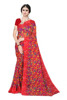 Jheenu Women's Weightless Red Printed Saree with Blouse  1