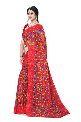 Jheenu Women's Weightless Red Printed Saree with Blouse  4