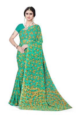 Jheenu Women's Weightless Sea Green Printed Saree with Blouse  1
