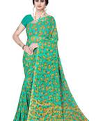 Jheenu Women's Weightless Sea Green Printed Saree with Blouse 