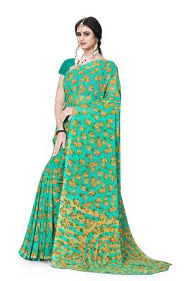 Jheenu Women's Weightless Sea Green Printed Saree with Blouse  4