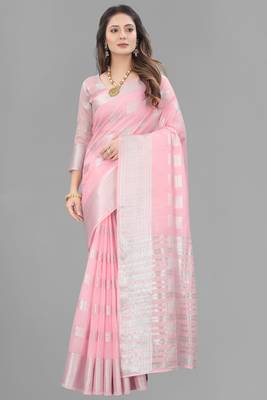 Pink woven linen saree with blouse 2