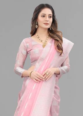 Pink woven linen saree with blouse 4