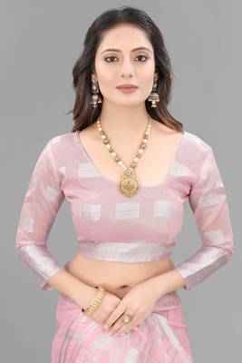Pink woven linen saree with blouse 5