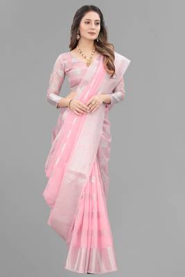 Pink woven linen saree with blouse 1