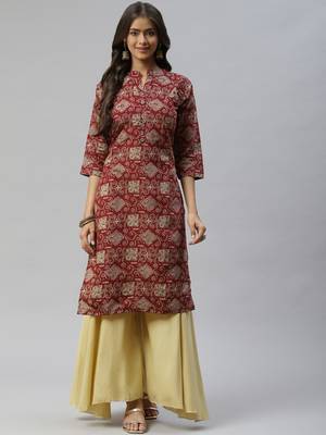 Maroon printed cotton ethnic-kurtis 1