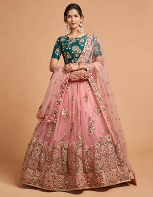Peach embroidered net semi stitched lehenga 1