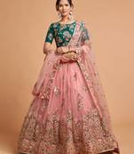 Peach embroidered net semi stitched lehenga