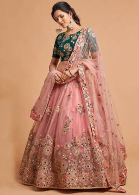 Peach embroidered net semi stitched lehenga 2