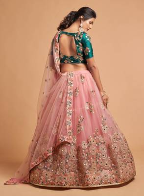 Peach embroidered net semi stitched lehenga 3