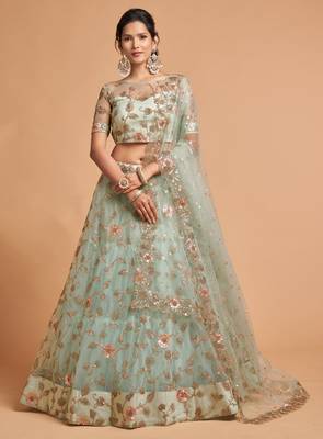 Sky-blue embroidered net semi stitched lehenga 1
