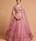 Baby-pink embroidered net semi stitched lehenga