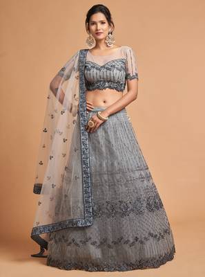 Grey embroidered net semi stitched lehenga 1